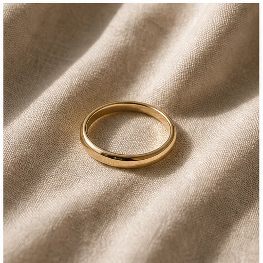 Generated jewelry lifestyle photo with a gold ring on textured linen.