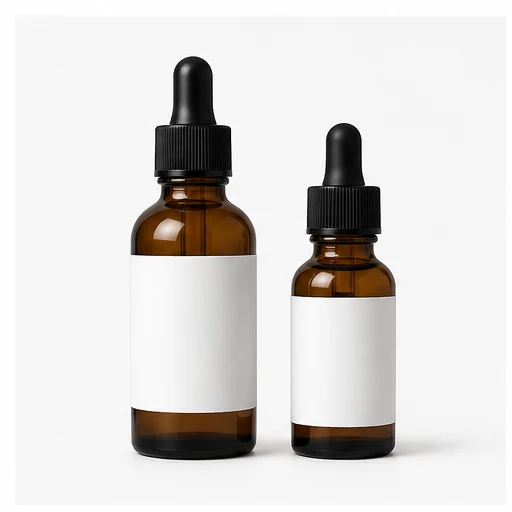 Original amber serum bottles on a plain studio background.